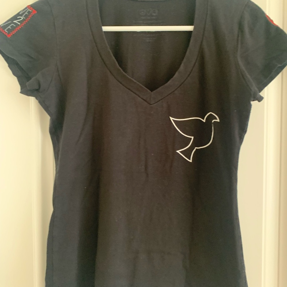 Black V-Neck T-Shirt with Dove Design